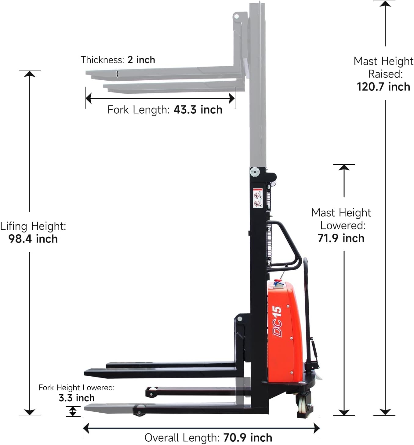 Semi-Electric Pallet Stacker 98" Lifting Height Wakie Stacker with Adjustable Forks