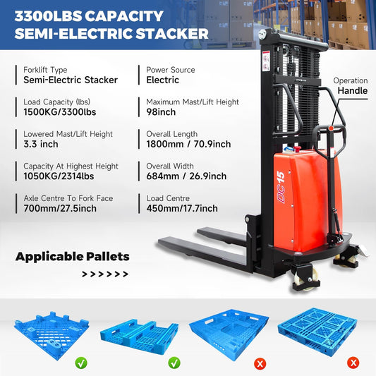 Semi-Electric Pallet Stacker 98" Lifting Height Wakie Stacker with Adjustable Forks
