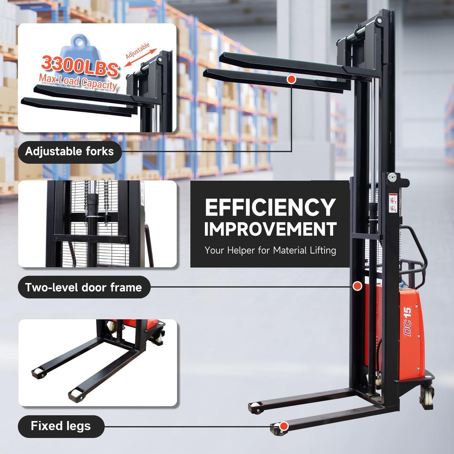 Semi-Electric Pallet Stacker 98" Lifting Height Wakie Stacker with Adjustable Forks