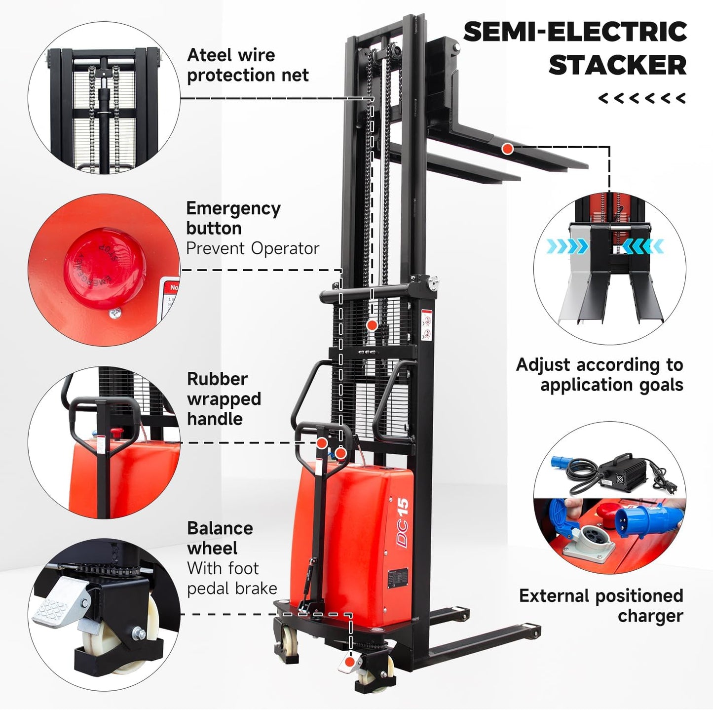 Semi-Electric Pallet Stacker 98" Lifting Height Wakie Stacker with Adjustable Forks