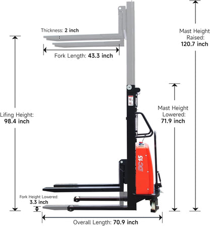 Semi-Electric Pallet Stacker 98" Lifting Height Wakie Stacker with Adjustable Forks